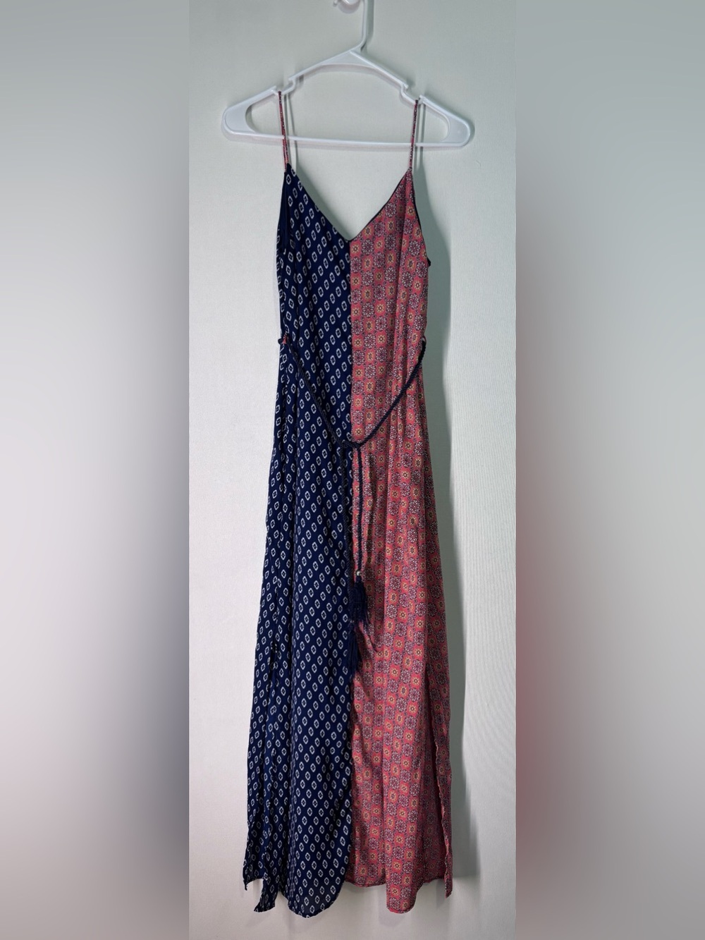 Navy and Red Patterned Spaghetti-Strap Maxi Dress